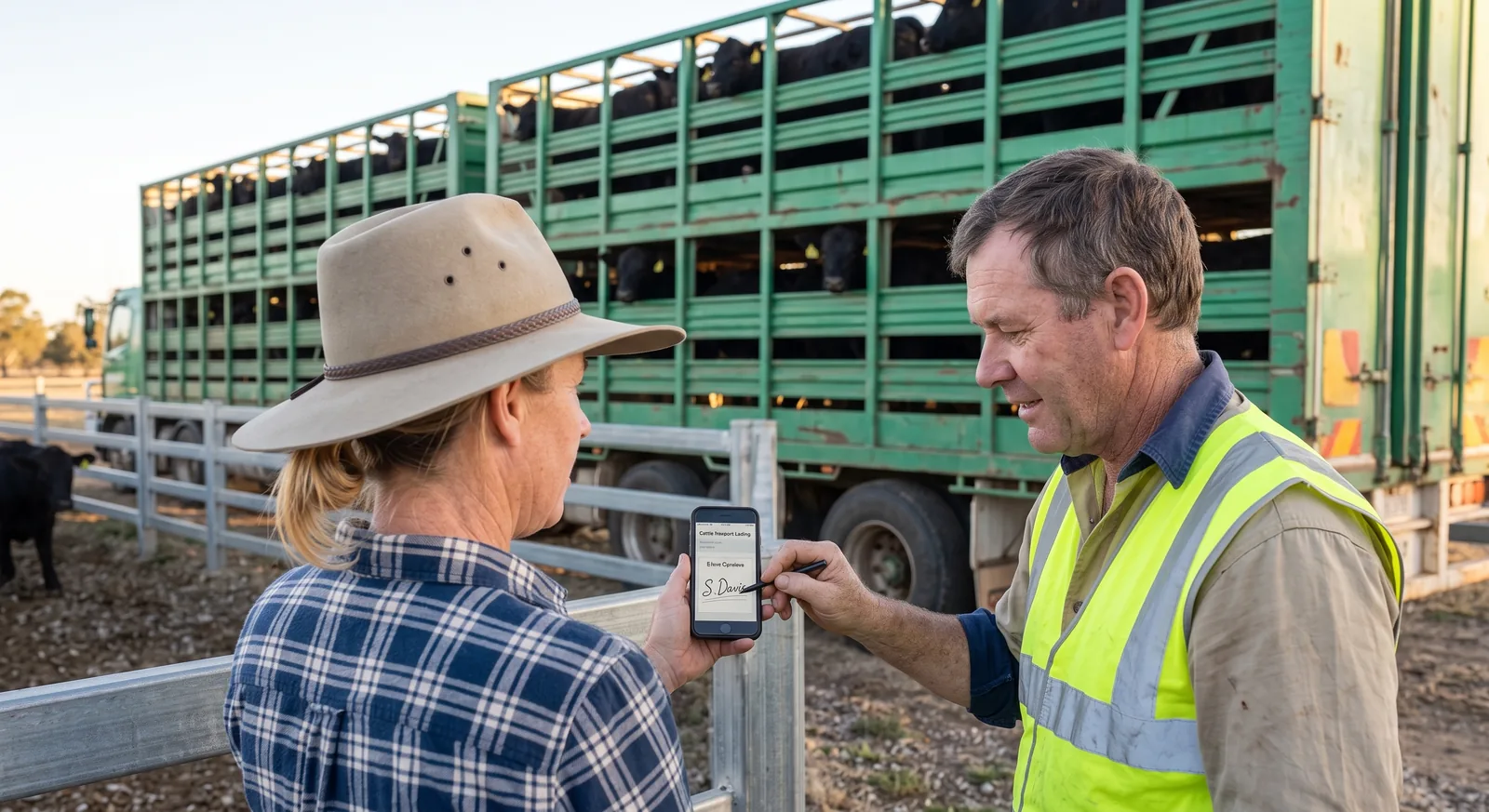 A hi-vis truck driver signing his section of an eNVD on the producer's phone at the loading yards, a loaded stock crate behind him.