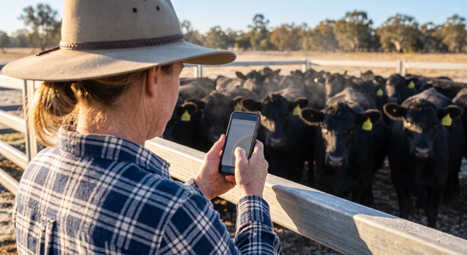 A cattle producer at the yard rail drafting an eNVD on a phone, with black Angus cattle carrying green NLIS ear tags behind — created offline, no signal needed.