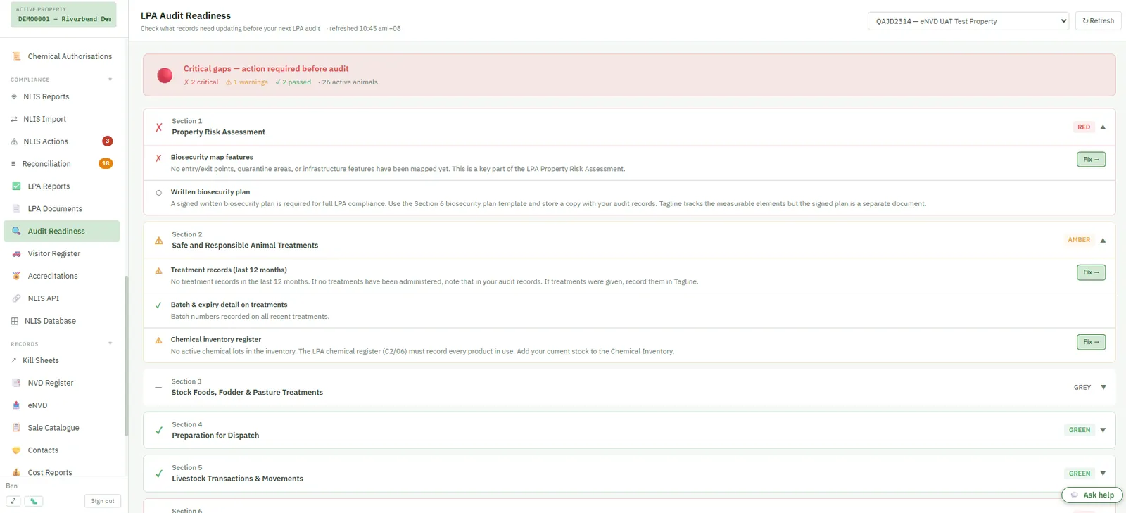 Tagline LPA Audit Readiness page — RAG-graded sections of the LPA QA pack with per-row Fix actions and critical-gap banner.