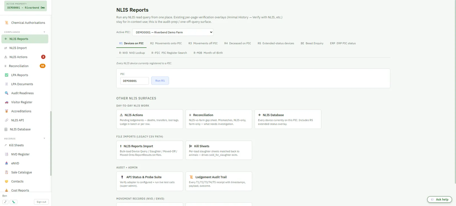 Tagline NLIS Reports page — Devices on PIC, EU / LT / JBAS / NEFAS reports, plus surfaces for NLIS Actions, Reconciliation and NLIS Database lookup.