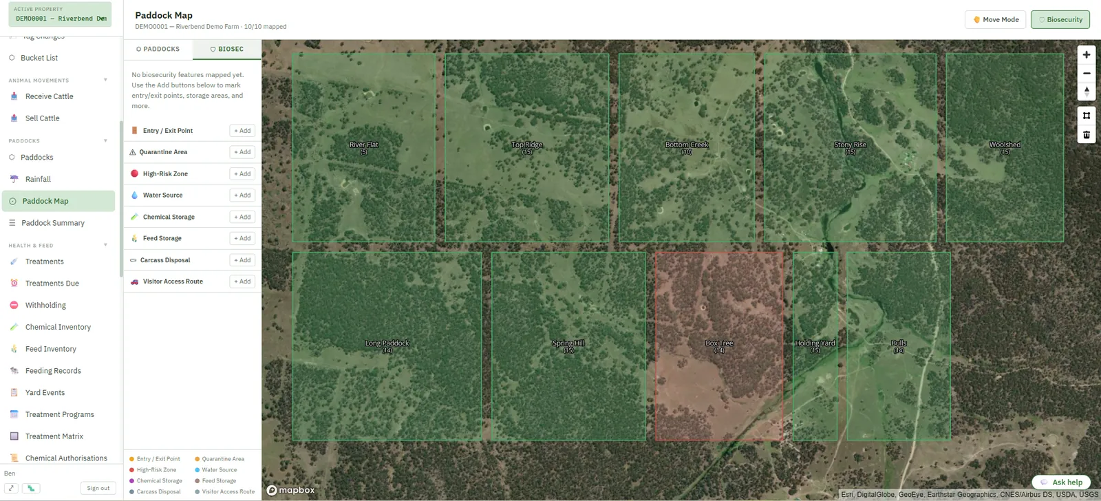 Tagline Paddock Map — Esri satellite imagery with drawn paddock polygons, mob counts and event overlays.
